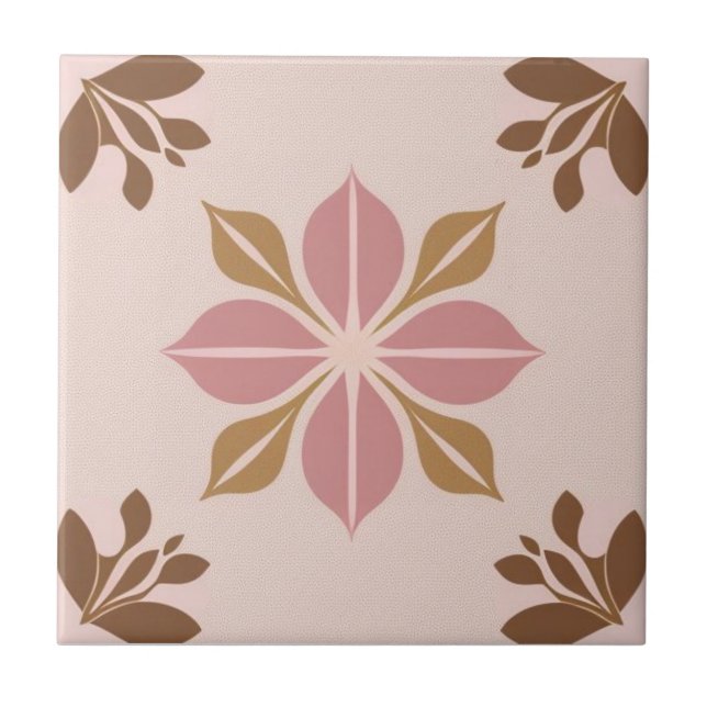 Brown, golden and pink floral ceramic tile (Front)