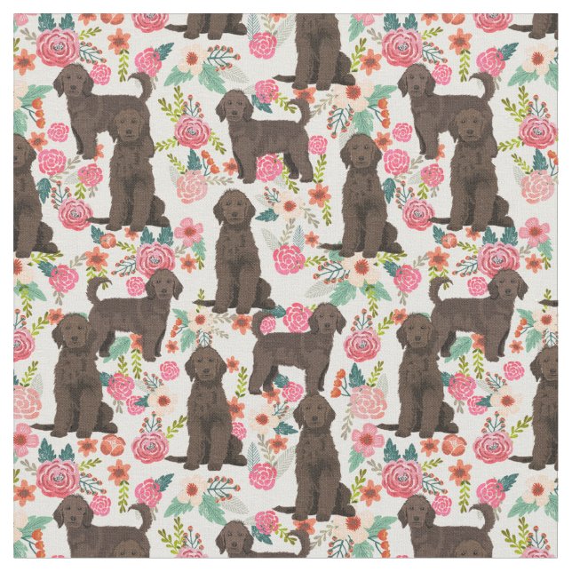 Brown Golden Doodle vintage florals cream Fabric (Close Up)