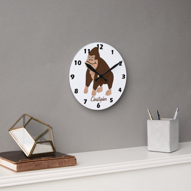 Brown Gorilla Design Personalised Round Clock (Office)