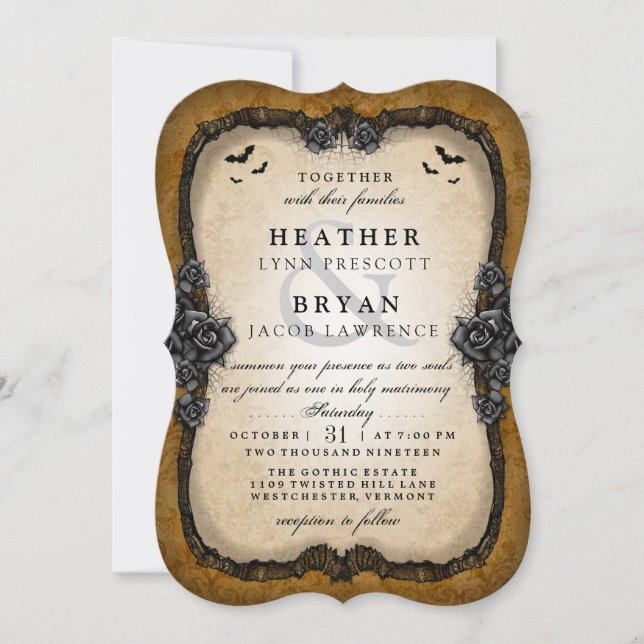 Brown Gothic Bats Halloween Wedding RECEPTION Back Invitation (Front)