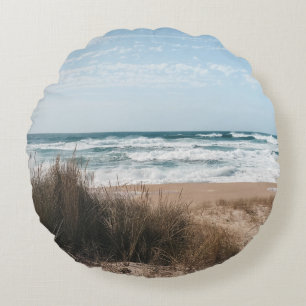 BROWN GRASS NEAR SEA UNDER BLUE SKY ROUND CUSHION