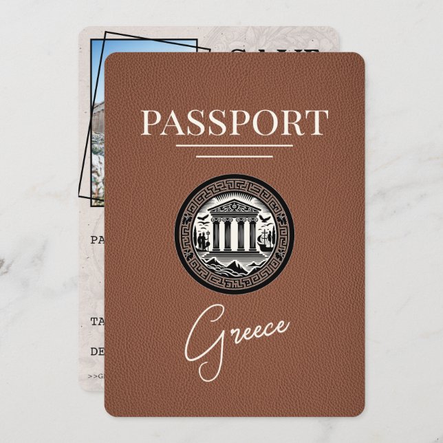 Brown Greece Passport Save the Date Card (Front/Back)