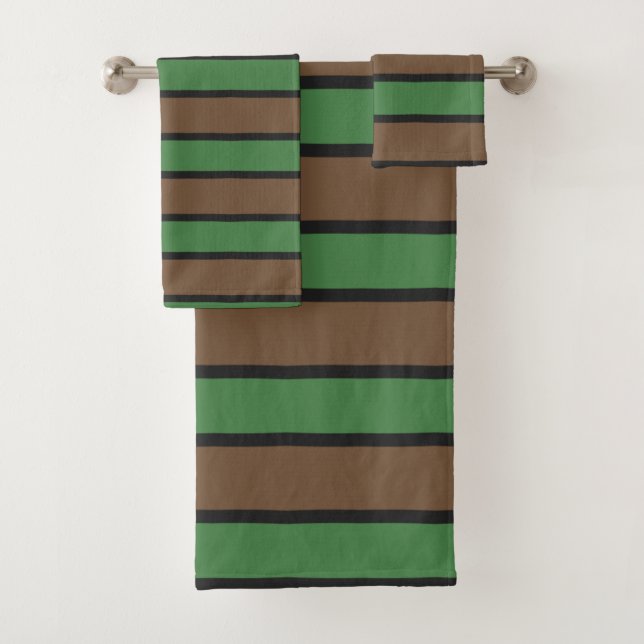 Brown, Green and Black Stripes Bath Towel Set (Insitu)