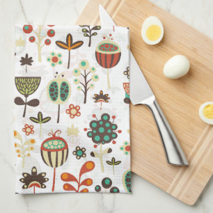 Brown Green And Red Abstract Flowers Tea Towel