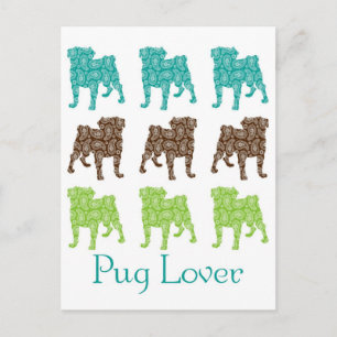 Brown, Green and Teal Paisley Pugs Postcard