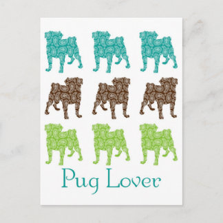 Brown, Green and Teal Paisley Pugs Postcard