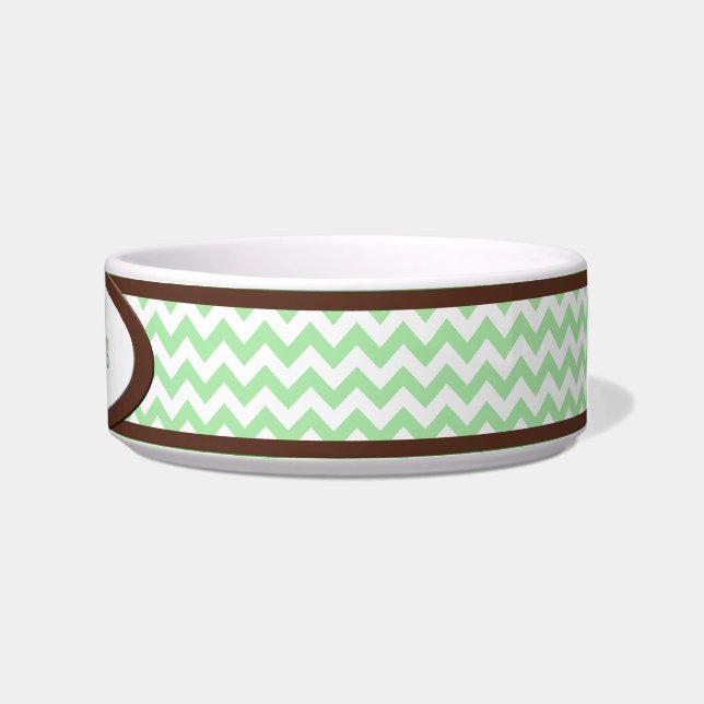 Brown & Green Chevron Personalised Cat Bowl (Right)