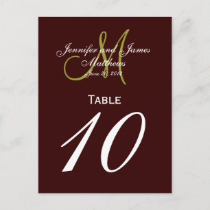 Brown Green Monogram Wedding Table Number Cards