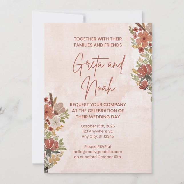 Brown Green Watercolor Floral Wedding Invitation (Front)