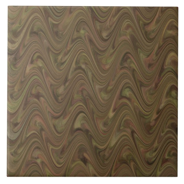 Brown Green Wavy Abstract Pattern Ceramic Tile (Front)