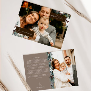 Brown Greenery Vintage Family Newsletter Photo Holiday Card