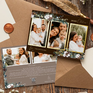 Brown Greenery Vintage Five Photo Collage Foil Holiday Card
