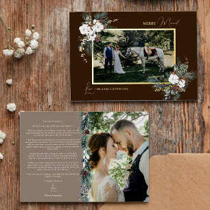 Brown Greenery Vintage Merry Married Photo Foil Holiday Card