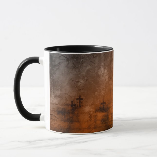Brown Grey & Black Cemetery Pattern Halloween Mug (Left)