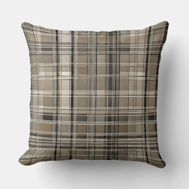 Brown Grey Black Modern Farmhouse Plaid Cushion (Front)