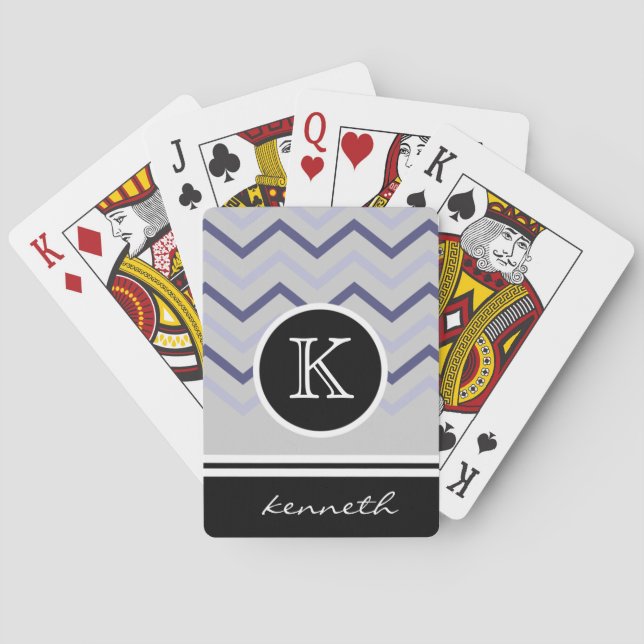 Brown Grey Chevron Black Monogram Name Custom Playing Cards (Back)