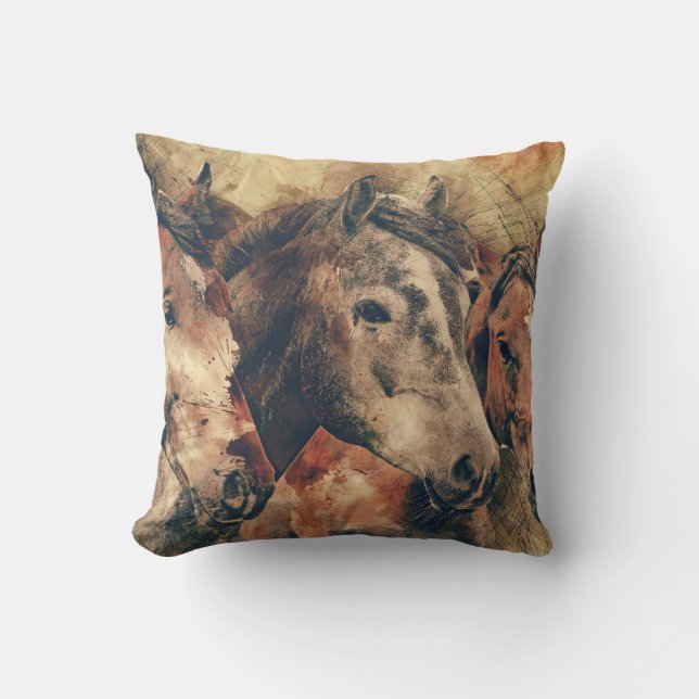 Brown Grey Horse Painting Pillow (Front)