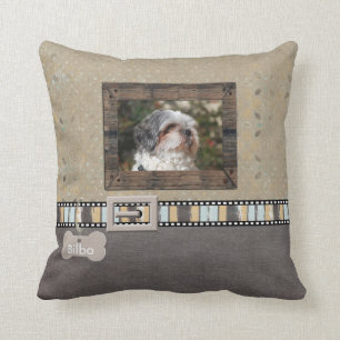 Brown Grey Pet Photo Striped Collar Name template Cushion