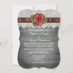 Brown Grey Rustic Wood Rose Wedding Invite