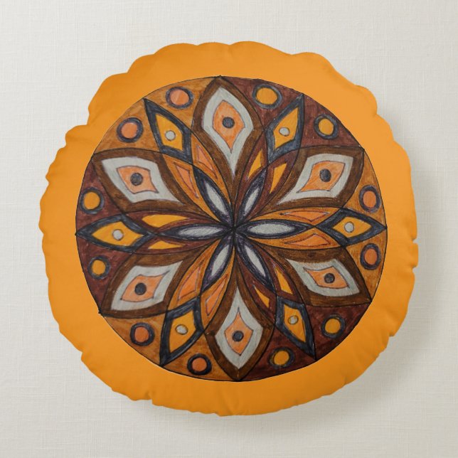 Brown/Grey Starburst Mandala Round Throw Pillow (Front)