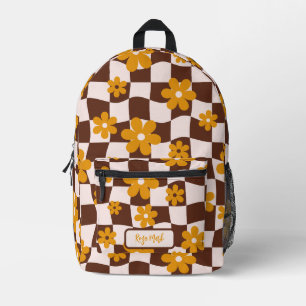 Brown Groovy Daisy Floral Checkerboard Printed Backpack