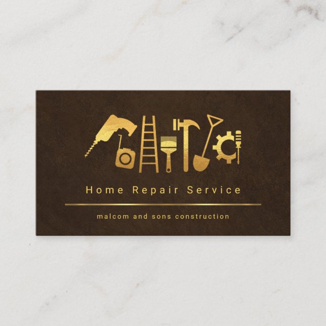 Brown Grunge Gold Handyman Tools Business Card (Front)