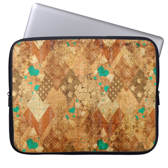 Brown grunge quilt patchwork pattern with stars an laptop sleeve (Front)