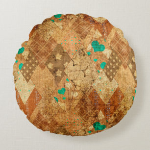 Brown grunge quilt patchwork pattern with stars an round cushion