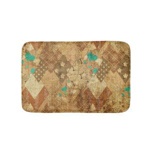 Brown Grunge Quilt Stars Hearts Bath Mat