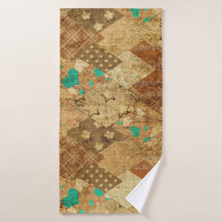 Brown Grunge Quilt Stars Hearts Bath Towel