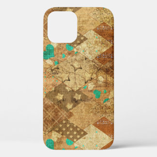 Brown Grunge Quilt Stars Hearts iPhone 12 Case