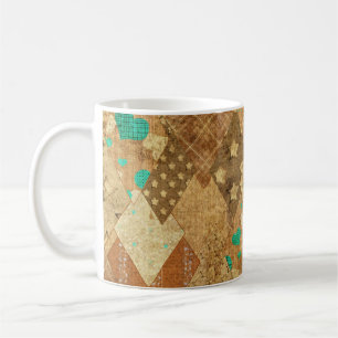 Brown Grunge Quilt Stars Hearts Coffee Mug