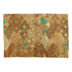 Brown Grunge Quilt Stars Hearts Pillowcase