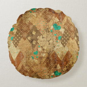 Brown Grunge Quilt Stars Hearts Round Cushion