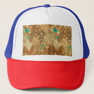 Brown Grunge Quilt Stars Hearts Trucker Hat