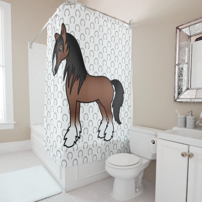 Brown Gypsy Vanner Clydesdale Shire Cartoon Horse Shower Curtain (In Situ)