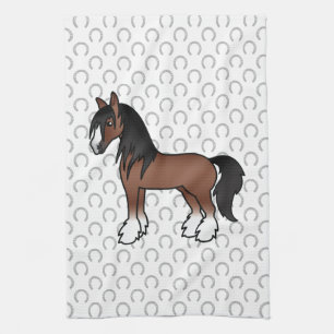 Brown Gypsy Vanner Clydesdale Shire Cartoon Horse Tea Towel