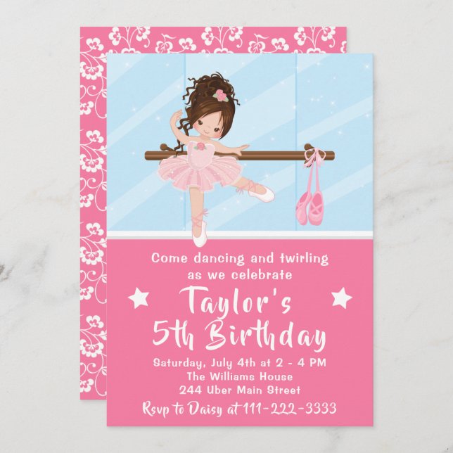 Brown Hair Ballerina in Pink Tutu Birthday Invitation (Front/Back)
