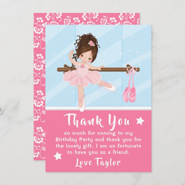 Brown Hair Ballerina Pink Birthday Thank You Card (Front/Back)