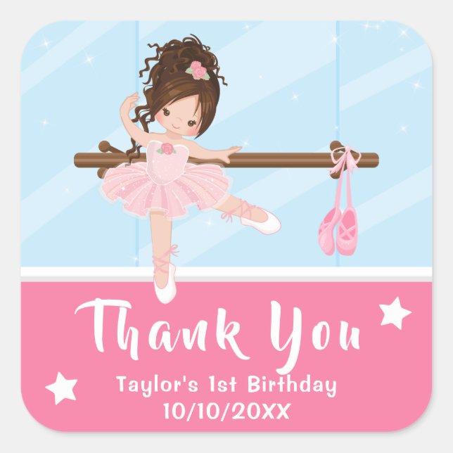 Brown Hair Ballerina Pink Birthday Thank You Squar Square Sticker (Front)