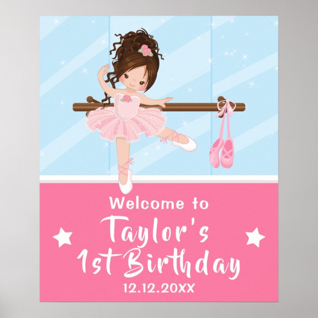 Brown Hair Ballerina Pink Tutu Welcome Sign (Front)