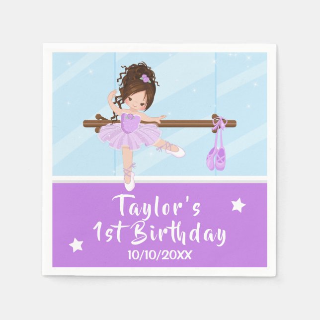 Brown Hair Ballerina Purple Tutu Birthday Napkins (Front)