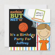 Brown Hair Boy Basketball Birthday Invitations