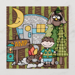 Brown Hair Boy Camping Birthday Invitations