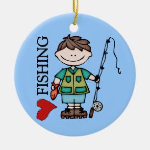 Brown Hair Boy I Love Fishing Ceramic Ornament