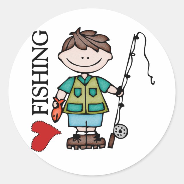 Brown Hair Boy I Love Fishing Classic Round Sticker (Front)
