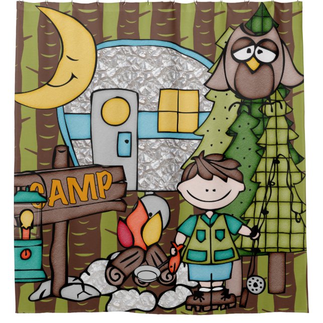 Brown Hair Boy Outdoors Camping Fishing Vacation Shower Curtain (Front)
