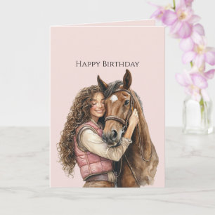 Brown Hair Female Hugging Horse Pink Birthday Card