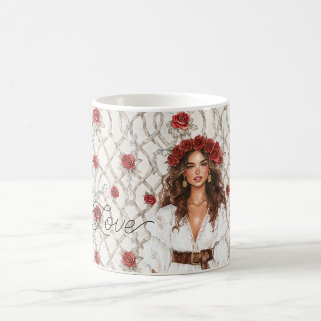 Brown Hair Female Roses Wreath Faux Wood Floral  Coffee Mug (Center)