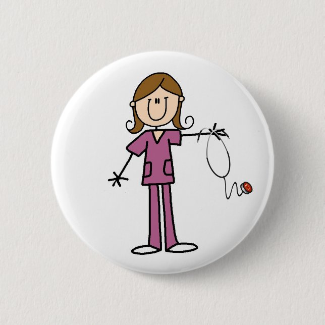 Brown Hair Female Stick Figure Nurse 6 Cm Round Badge (Front)